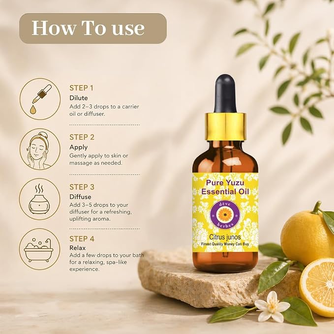 Deve Herbes Pure Yuzu Oil (Citrus Junos) with Glass Dropper Cold Pressed 5ml (0.16 oz)