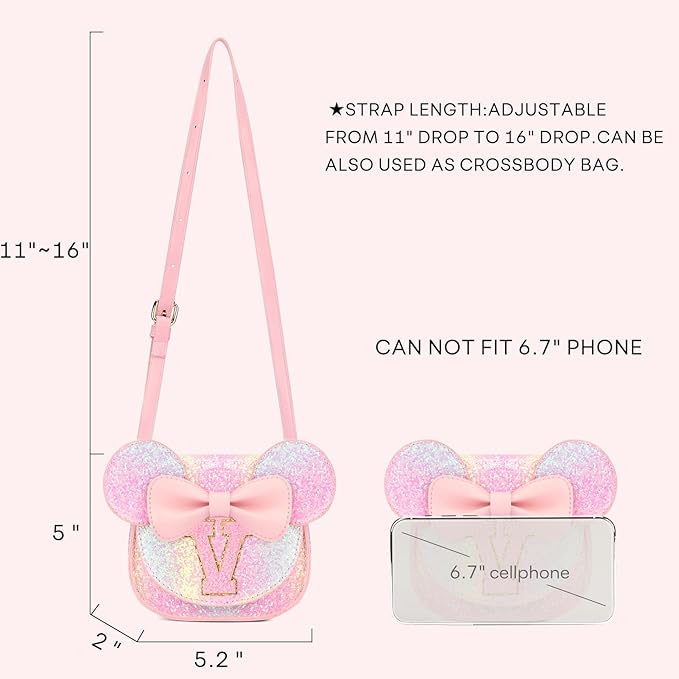 mibasies Toddler Purse Girl Gifts: Girls Birthday Gifts for 3-8 - Toys for Ages 2-4 Girls Mouse Ears Purse, Glitter Rainbow, Letter V