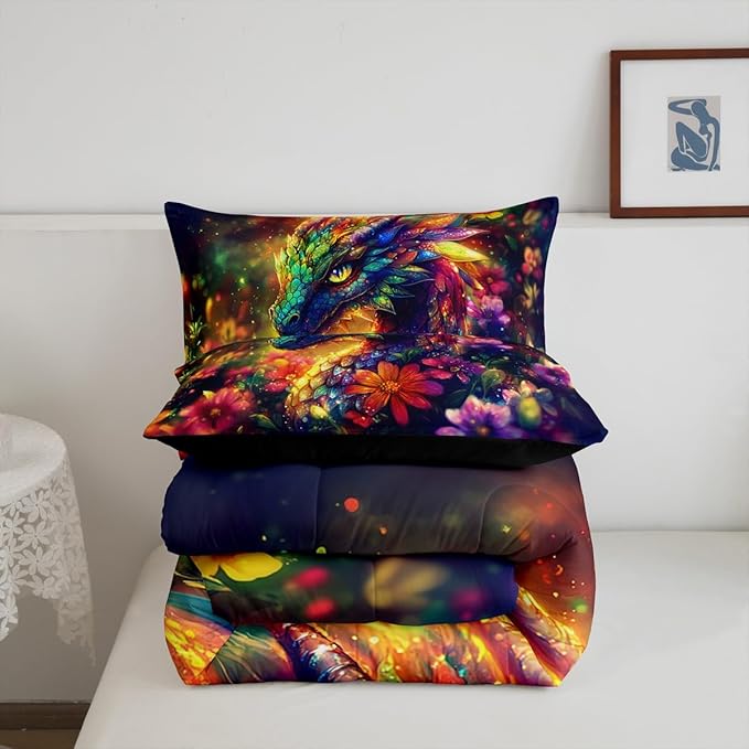 Feelyou Dragon Comforter Set Queen Size Shiny Dragon Comforter for Boys Girls Teens Wild Life Bedding Set Dragon Decor Duvet Set Room Decor Muticolor Quilt Set