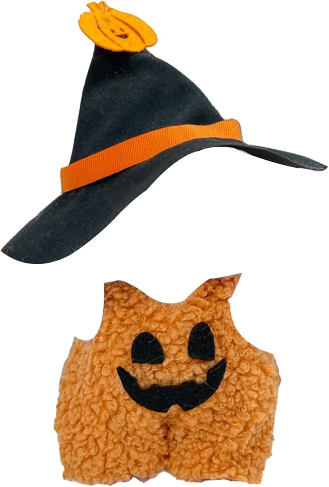 Halloween Pumpkin Outfit for Dolls, Orange Black Jumpsuit with Witch Hat Costume, Cute Halloween Party Doll Clothes