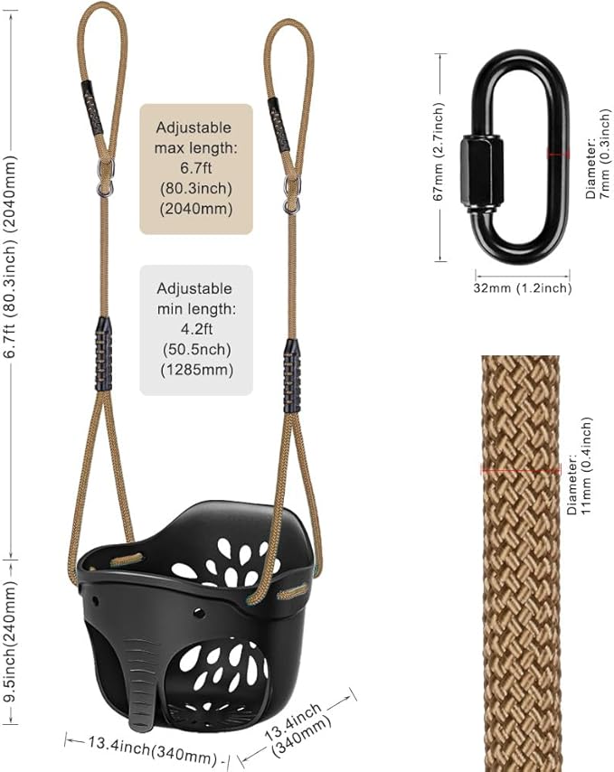 SELEWARE Heavy-Duty High Back Full Bucket Toddler Swing Seat with Locking Carabiners and Adjustable Rope, Cute Elephant Shape Design, 600LB Weight Limit (Bucket Swing, Black)