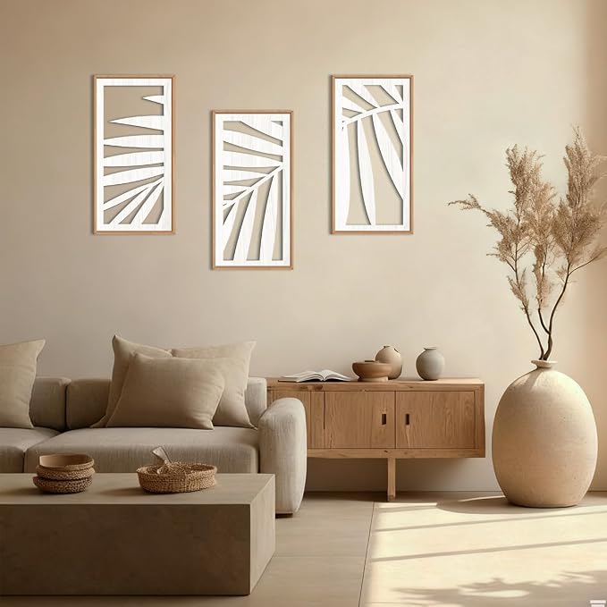 IARTTOP Tropical Palm Tree Leaf Wood Wall Art White Framed 8x16 Inch Set of 3 Hawaii Plant Leaves Wooden Wall Decor Minimalist Boho Artwork for Living room Bedroom Office