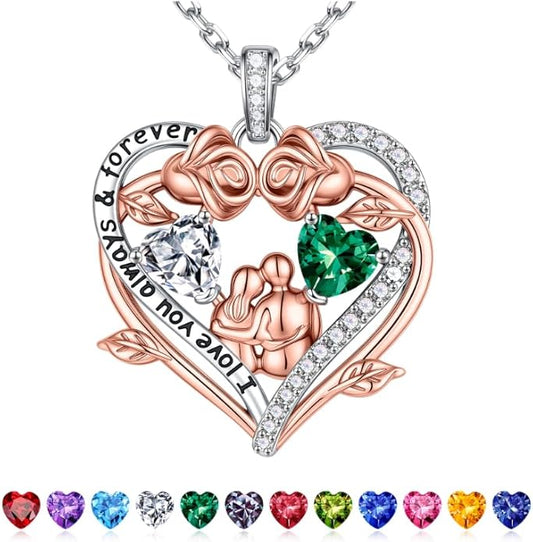 Iefil Valentines Gifts for Her Wife - 925 Sterling Silver Double Heart Birthstone Necklace, Anniversary Birthday Gifts for Women Wife Girlfriend