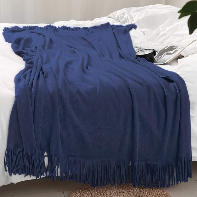 Homiest Navy Blue Knitted Throw Blanket with Fringe, 50x60 Inch | Pure Acrylic, Lightweight & Breathable, All-Season Use, Machine Washable, Wrinkle & Fade Resistant, for Couch Sofa And Bed