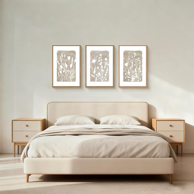 FWIEXA Neutral Botanical Canvas Wall Art Set 3, Minimalist Boho Wildflowr Framed Prints, Beige Floral Paintings, 16x24In Rustic Plant Artwork Poster for Farmhouse, Gift, Living Room, Bedroom, Office