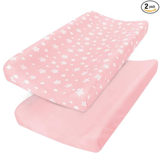 Changing Pad Cover for Girls 2 Pack, Lovely Print Soft Diaper Change Table Sheets, Fit 32"x16" Contoured Pad, Comfy Cozy 2-Pack Cradle Sheets,Pink&Pink Stars