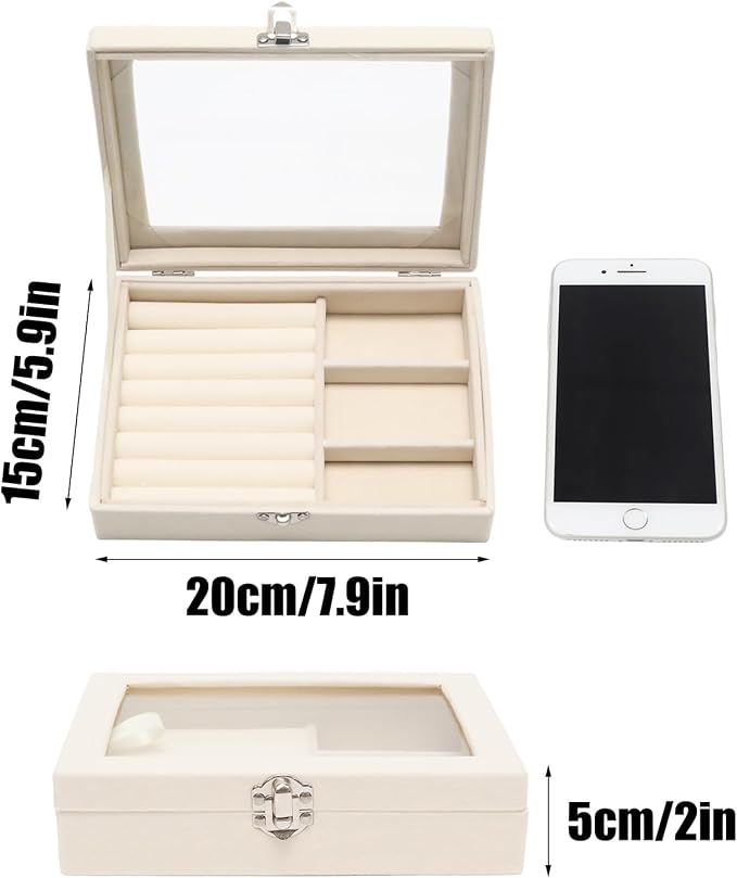 Small Velvet Jewelry Tray with Clear Lid, 2-in-1 Beige | Lockable Ring Earring Holder Organizer Storage Box Case Jewelry Box Organizer for Rings Earrings Bracelets Brooches