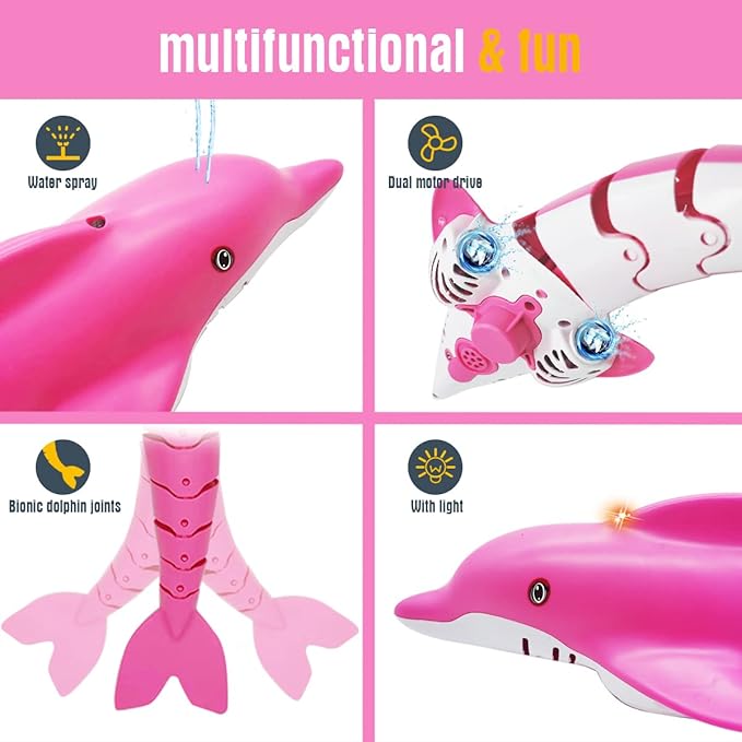 Pink Remote Control Dolphin Toy 2.4G High Simulation Cartoon Dolphin Remote Control for Swimming Pool Bathroom Great Gift RC Boat Shark Toys for 6+ Year Old Boys and Girls (with 2 Batteries)