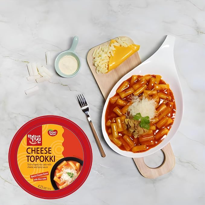 [Dongwon] Authentic Korean Rice Cake Topokki with Creamy Cheese Flavor | Popular Korean Street Food | Easy to Prepare | Delicious and Chewy Snack for Cheese Lovers (8 Bowls)