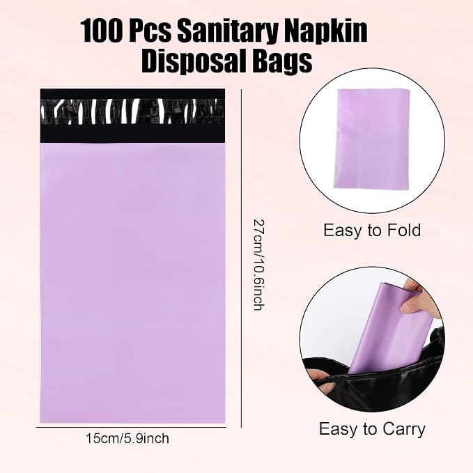 Sanitary Napkin Disposal Bags 100 Pcs Period Bag 5.9'' x 9.1'' Self-Sealing Odor-Proof Great Adhesion Rectangular Plastic for Feminine Hygiene Tampon Pad (Purple)