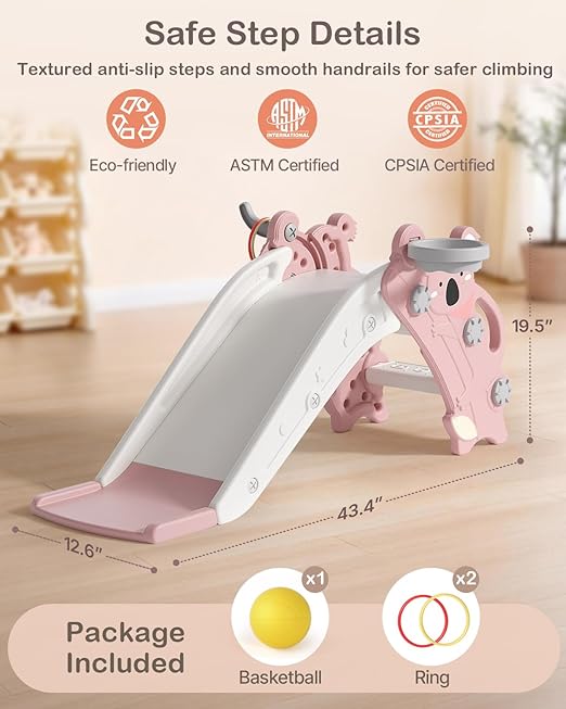 Babytronic Toddler Slide Indoor & Outdoor Playground, 4-in-1 Baby Slide with Climber, Basketball Hoop & Ring Toss, Foldable Freestanding Kids Slide, Climber Playset for Toddlers Ages 1-3, Pink