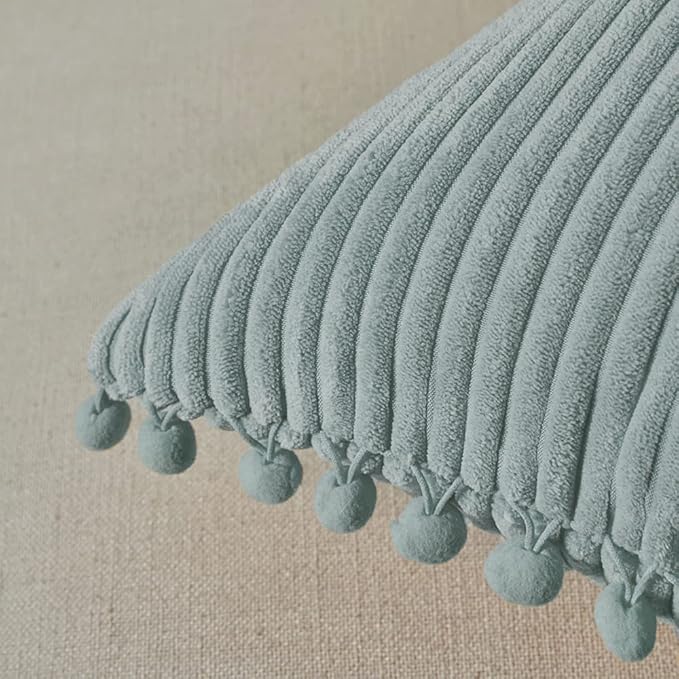 Fancy Homi Pack of 2 Farmhouse Boho Decorative Throw Pillow Covers with Pom-poms, Soft Corduroy Solid Square Cushion Cases Set for Couch Sofa Bedroom Car Living Room (20x20 Inch/50x50 cm, Grey Blue)