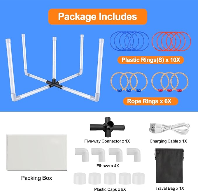 Ring Toss Outdoor Games with 16 Rings, Backyard Games Lawn Games for Adults & Kids, Backyard Camping Activities, Outdoor Games for Kids, LED Ring Toss