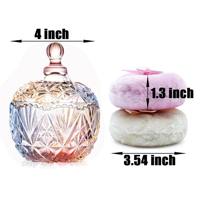 Luxury 4 Inch Glass Loose Powder Container with 2 Soft 3.5" Puffs｜Non-Sealed Refillable Organizer Storage for Body Powder Makeup & Jewelry & Setting Applicator(Crown-Colorful)