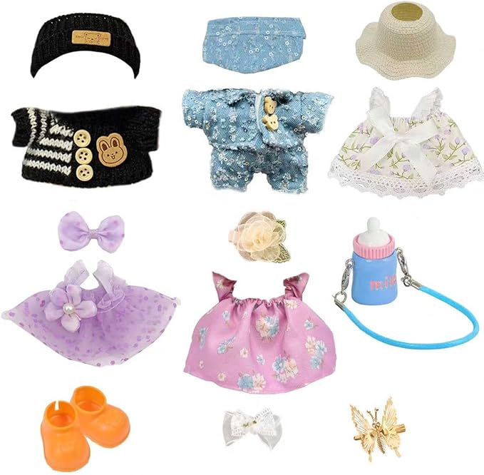 17cm Doll Clothes Set (No Doll) –5-Pack Handmade Outfits with Accessories for 6.7” Dolls, Premium Cotton Clothing with Gift-Ready Packaging, Perfect for Dress-Up and Collectors (FH1, 5)