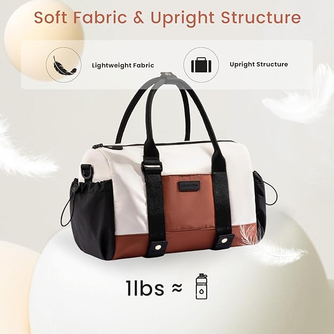 LOVEVOOK Small Gym Bag for Women with Yoga mat Holder, Mini Duffle Bag for Travel with Wet Pocket, Overnight Personal Item Bags (Black-White-Brown, 16.5 inch-Large-2Pcs)