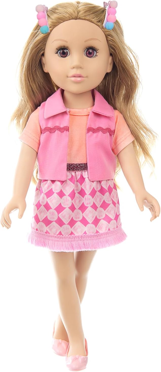 18 Inch Girl Doll Playset with Doll Clothes and Accessories Including 18 Inch Doll Jacket T-Shirt Skirt Shoes backbag Hairband for Little Girl