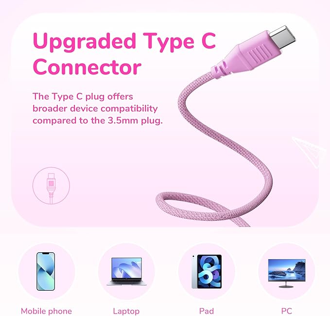 EarFun K3 Kids Headphones, USB Type C Over Ear Headphones for Kids, Volume Limit, HD Stereo Sound, Comfortable Fit, Foldable Wired Headphone for School/Travel/Boys/Girls/Tablet/iPad, Pink