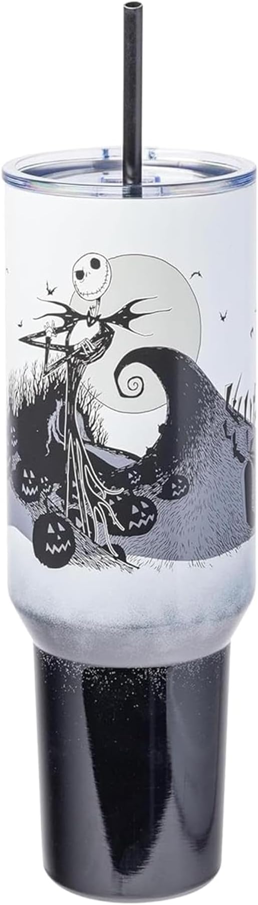 Silver Buffalo Disney Nightmare Before Christmas by Tim Burton Jack Skellington Hill and Moon Double Walled Stainless Steel Tumbler with Handle and Straw, Fits in Standard Cup Holder, 40 Ounces