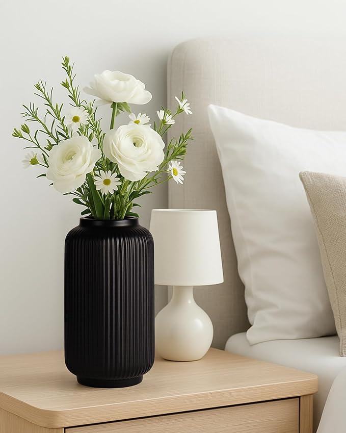 Black Ceramic Vase, 8 Inch Ribbed Flower Vase for Bouquet and Pampas Grass, Modern Wide Mouth Decorative Vase for Dining Table, Kitchen Shelf, Wedding Centerpiece