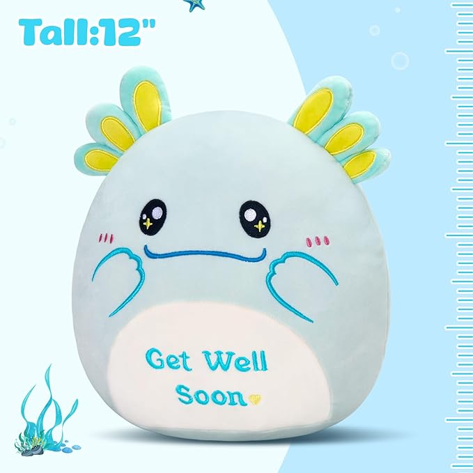12" Get Well Soon Axolotl Plush Pillow,Soft Axolotl Plushies,Get Well Stuffed Animal,Cute Salamander Plush Feel Better Gifts for Kids Women Men (Mint Green)