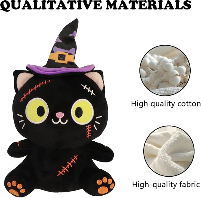 Halloween Plush Toy, Black Cat Stuffed Animal Plush Pillow, with Hat & Stitched Wound Halloween Plushies Toys for Adults and Kids, Birthday Party Favor Home Decor