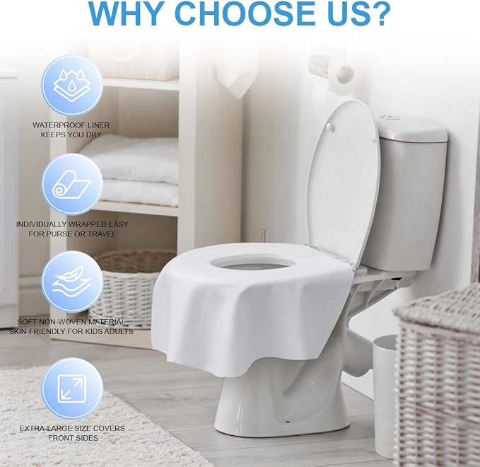 Toilet Seat Covers Disposable for Travel Waterproof 24.4x25.6in Potty Training Cover 20Pcs Individually for Public Restrooms Airplane Non Flushable