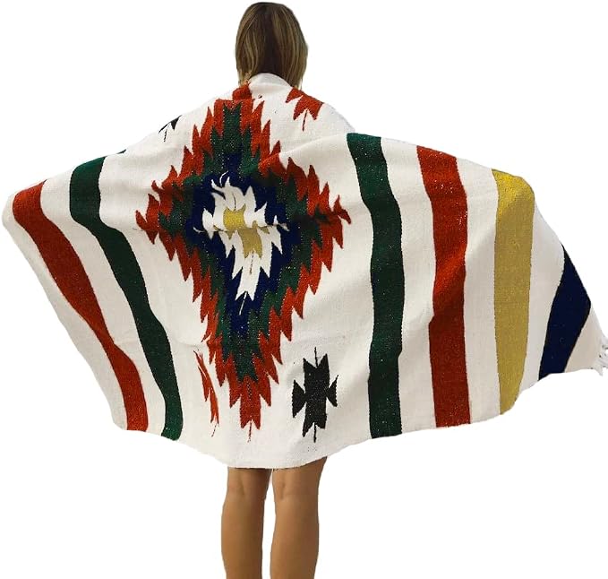 Open Road Goods Aztec Navajo Style Blanket, Throw, or Yoga Bolster - Handwoven Mexican Diamond Blanket (White Fiesta Blanket)