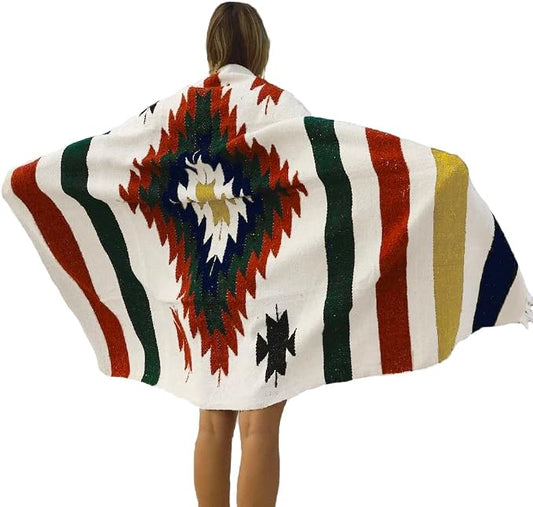 Open Road Goods Aztec Navajo Style Blanket, Throw, or Yoga Bolster - Handwoven Mexican Diamond Blanket (White Fiesta Blanket)