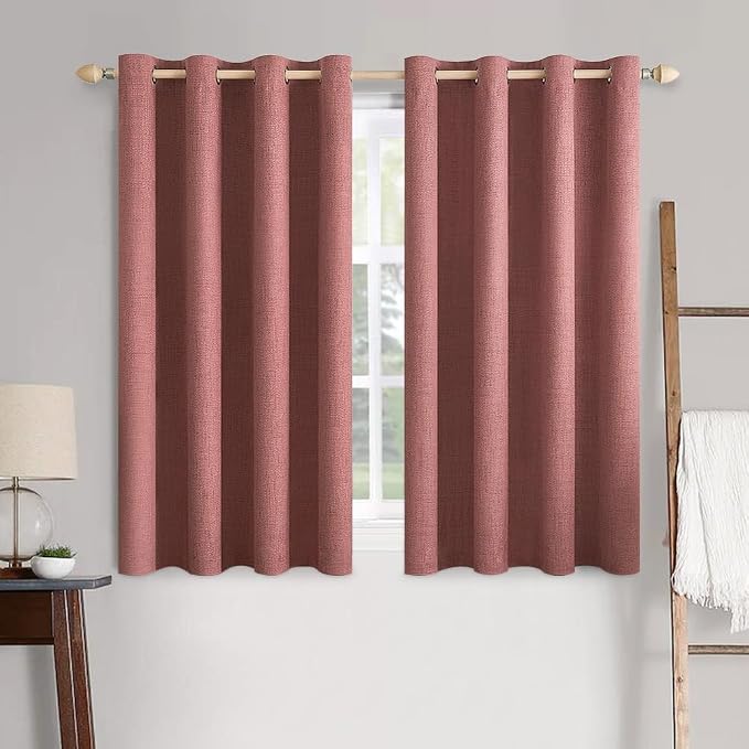 MIULEE 100% Blackout Linen Textured Curtains for Bedroom Solid Thermal Insulated Dusty Rose Grommet Room Darkening Curtains & Drapes Luxury Decor for Living Room 52 x 63 Inch (2 Panels)