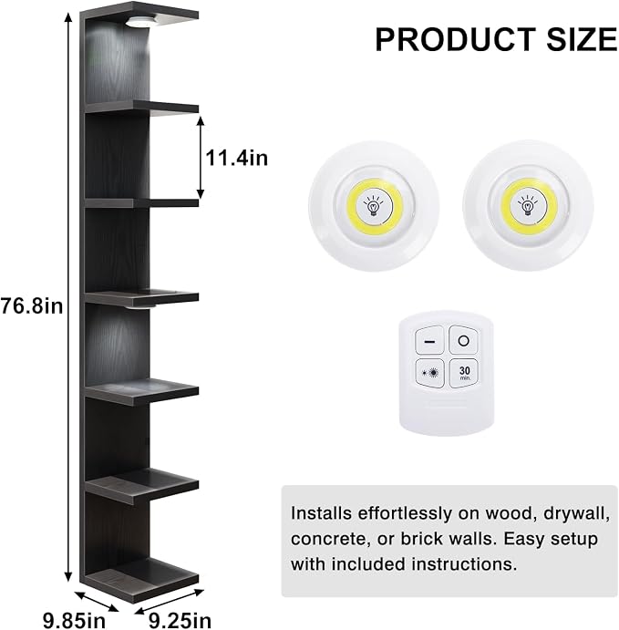 Fixwal Black Shelves 7 Tier Wall Mounted Shelf Unit Floating Shelves with LED Lights Lack Wall Shelf for Home Decor Organizer Display