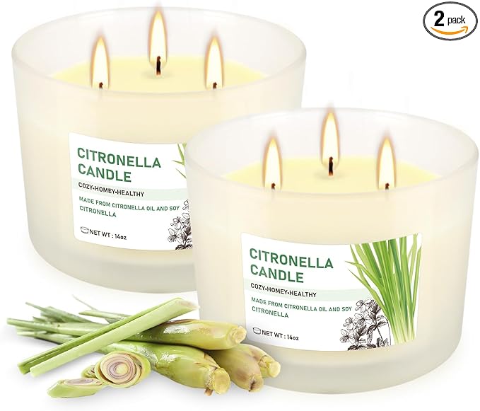 Citronella Candle Set of 2, 14oz Frosted Jar Triple-Wick, Clean & Smokeless for Outdoor Patio, Garden, Deck, Porch Ambiance with Natural Citronella Scent