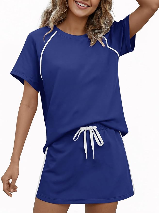 Womens 2 Piece Skirt Sets Summer Tennis Outfits Vacation Skort Set | Two Piece Sets, Short Set, Athletic Workout Golf Outfits, Crew Neck, Color Block, Drawstring, Workout Mathcing Lounge Sets