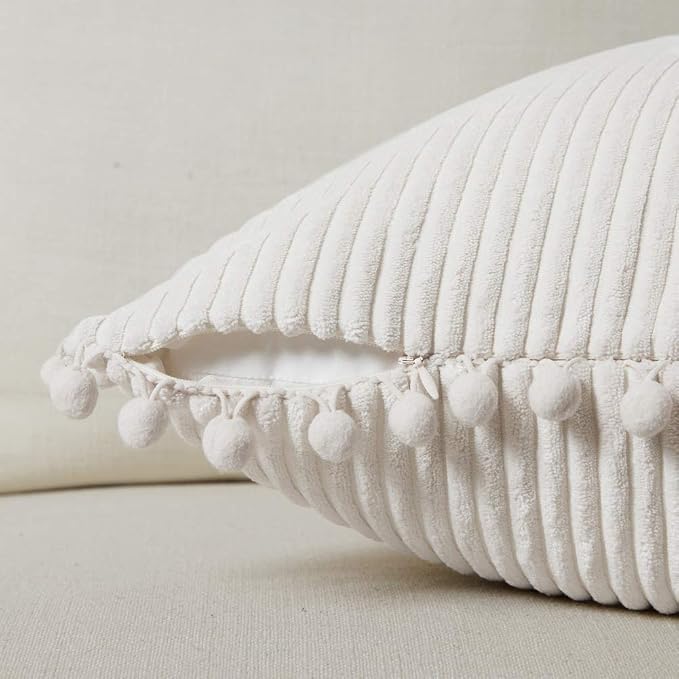 Fancy Homi 2 packs Cream White Boho Decorative Throw Pillow Covers with Pom-poms, Soft Corduroy Solid Square Cushion Cases Set for Living Room Couch Sofa Bedroom Car (16x16 Inch/40x40 cm, Cream White)