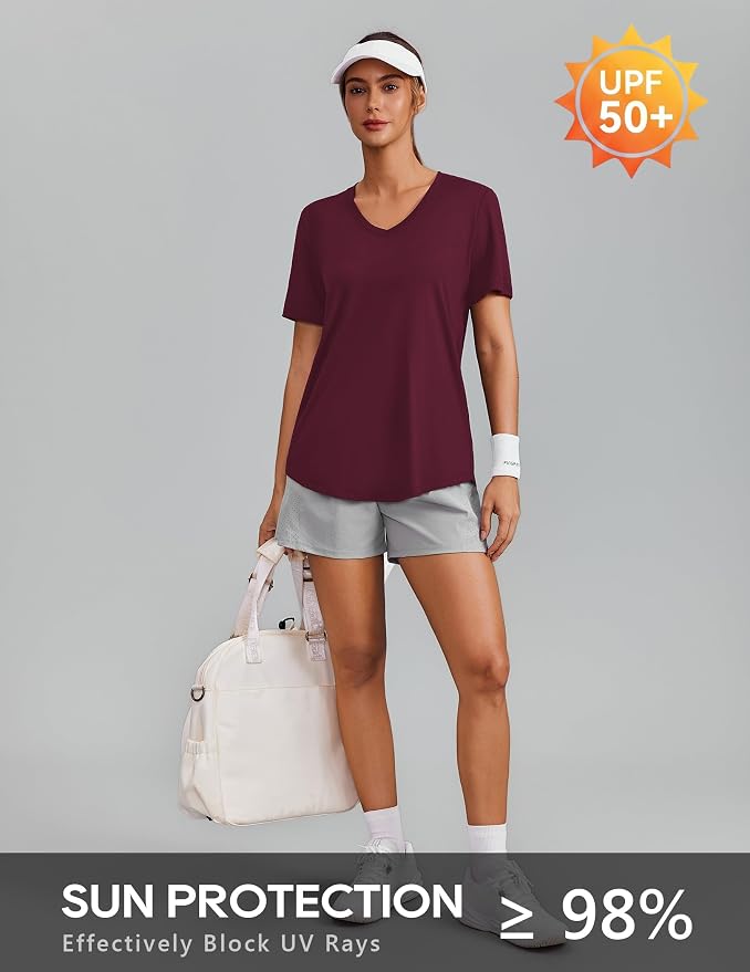 PINSPARK Soft Workout Tops for Women Short Sleeve V Neck Moisture Wicking UPF 50+ Sun Protection Quick Dry Gym Shirts
