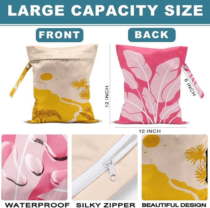 ZHAMEN 2Pcs Wet Bag, Wet Dry Bag Reusable with Zipper, Travel, Beach, Pool, Diapers, Dirty Yoga Gym Clothes, Makeup Bag, Waterproof Wetdry Packing, Pink Leaves Dusk Decore (12x10 Inch)