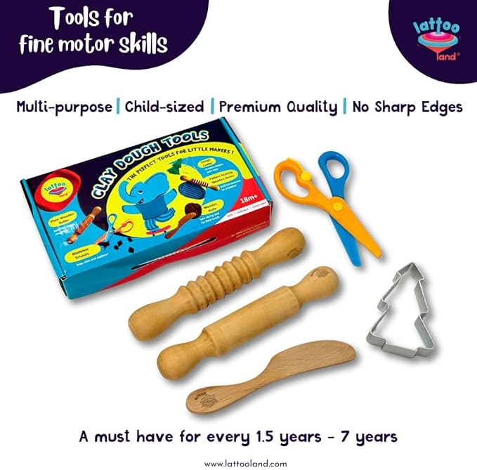 Lattooland Dough Tools Set of 5 - Sculpting Tools to Roll, Cut, Flatten | Wooden Rollers & Knife | Child-Safe Scissor | Pretend Play Kitchen | Clay Mould for Kids Ages 2-7 | Art & Craft