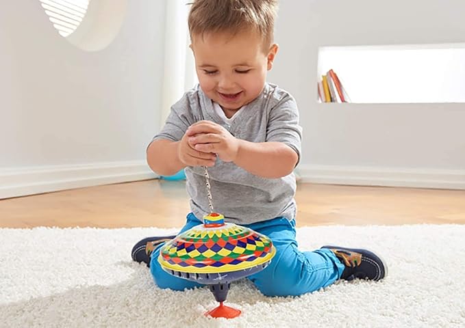 Lena 52225 Bolz Humming Multicoloured 19 cm, Sheet Metal Swing, Classic Pump Spinner, tin Colourful Motif, Stand, Toy Spinning top for Children from 18 m, L/B/H: 19 x 19 x 21 cm