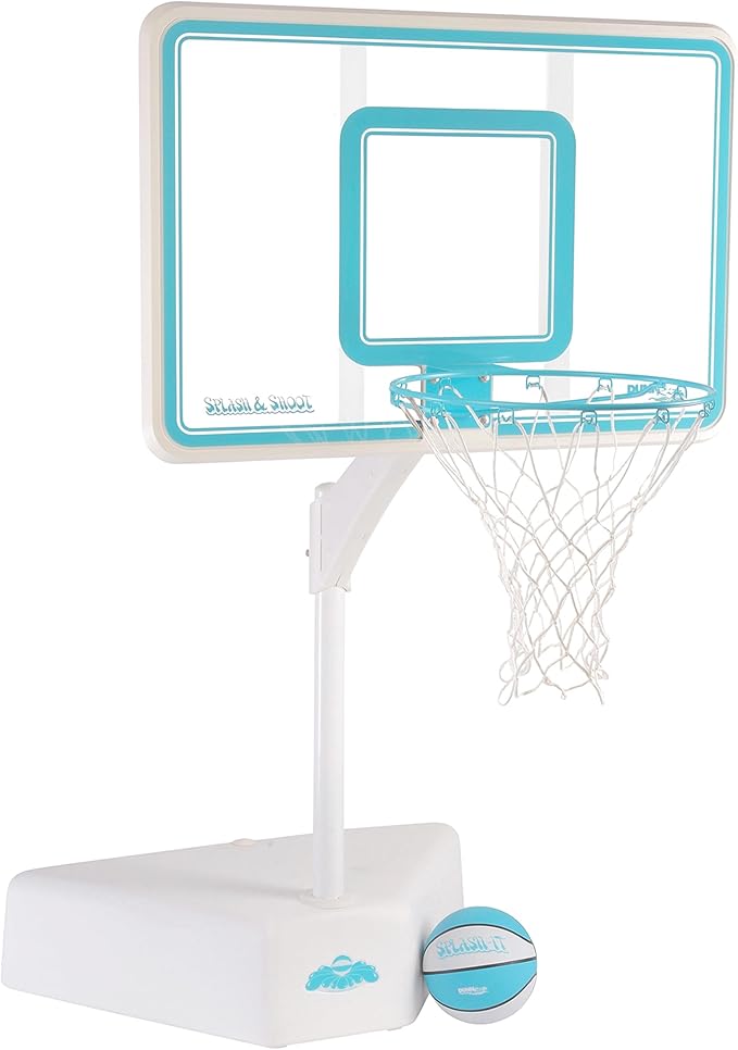 Dunn-Rite Splash & Shoot Outdoor Adjustable Height Swimming Pool Basketball Hoop w/Ball, Base, & 18 Inch Stainless Steel Rim, Made in USA, Clear