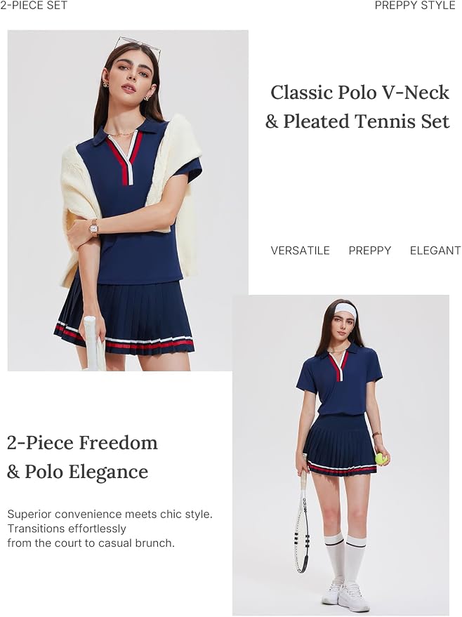 Women 2 Piece Tennis Skirt Set Pleated Golf Outfit, Polo V-Neck Athletic Dress Alternative Skort Set for Pickleball Pockets