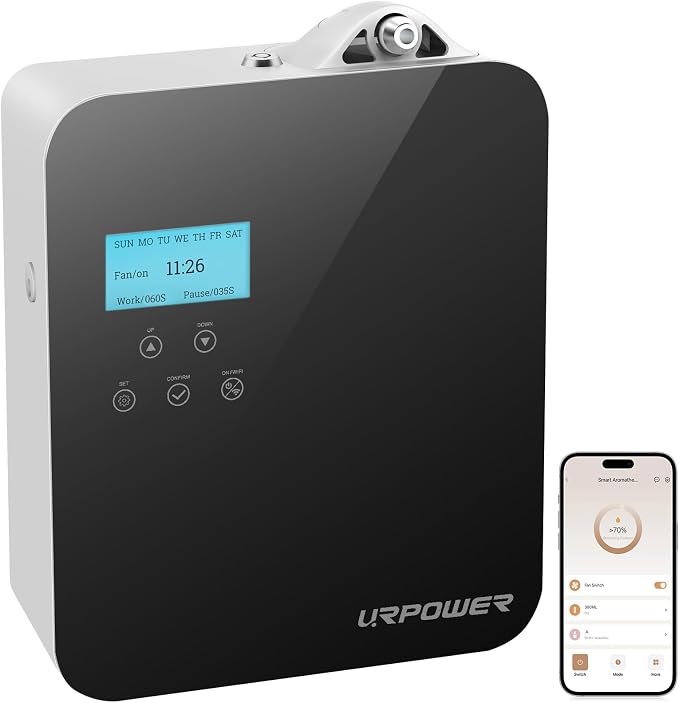 URPOWER 300ml Waterless Nebulizing Scent Diffuser Up to 3000 Sq Ft, Smart APP Control HVAC/Wall Cold-Air Aromatherapy Machine with Lockable Oil Bottle for Home/Office/Hotel Starter Oil Included(Black)