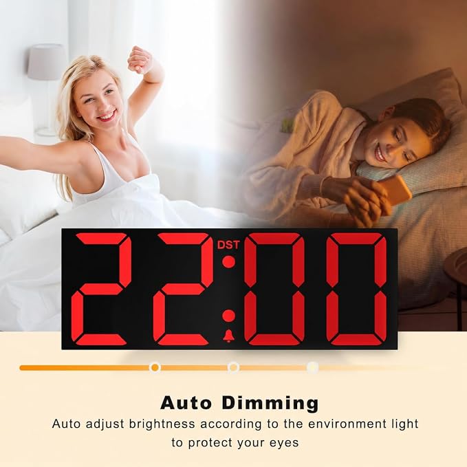 JALL 22" Large Digital Wall Clock, Big LED Display with Night Light, Auto Dimming & DST, Giant Alarm Clock for Seniors, Elderly Parents, Gift for Mom Dad (Red)