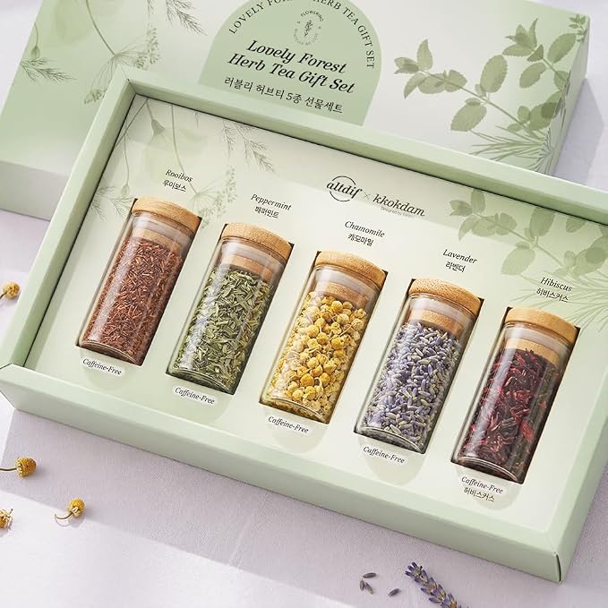 KKOKDAM Lovely Forest Herb Tea Gift Set - 5 Caffeine-Free Loose Leaf Teas in Glass Jars (Rooibos, Peppermint, Chamomile, Lavender, Hibiscus) - Korean Tea Gift Box 0.88oz