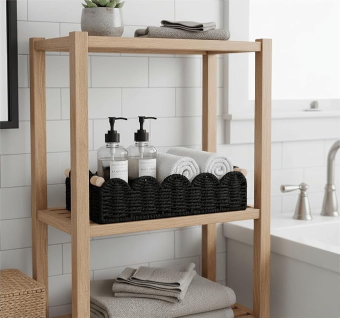 CubesLand Toilet Paper Storage Basket Organizer, Small Wicker Decor Basket | Toilet Tank Top Decorative Basket for Countertop, Handwoven Scalloped Basket W/Handle for Home Decor Living Room, Black