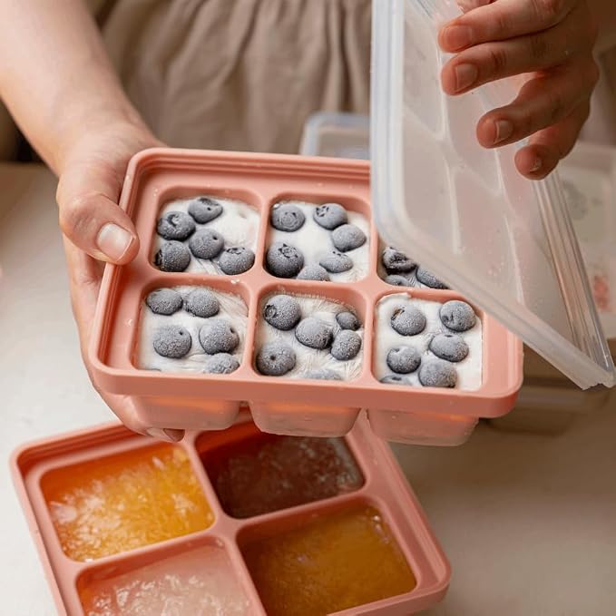 Silicone Freezer Tray, Made in Korea, Meal Prep & Food Storage Cubes with Lid for Purees, Soups, Fruits, Vegetables, Breastmilk (Creme Brulee, 6 Cube - 8.12oz)