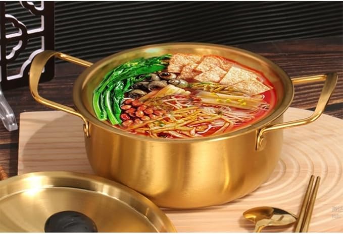Korean Ramen Cooking Pot 17.6cm - Stainless Steel Mini Hot Pot Design Noodle Pot for Induction & Gas Stove, Easy-Clean Gold