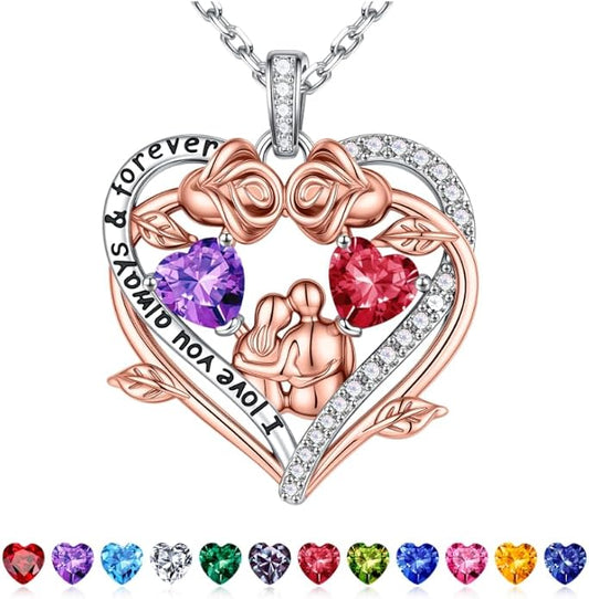Iefil Valentines Gifts for Her Wife - 925 Sterling Silver Double Heart Birthstone Necklace, Anniversary Birthday Gifts for Women Wife Girlfriend