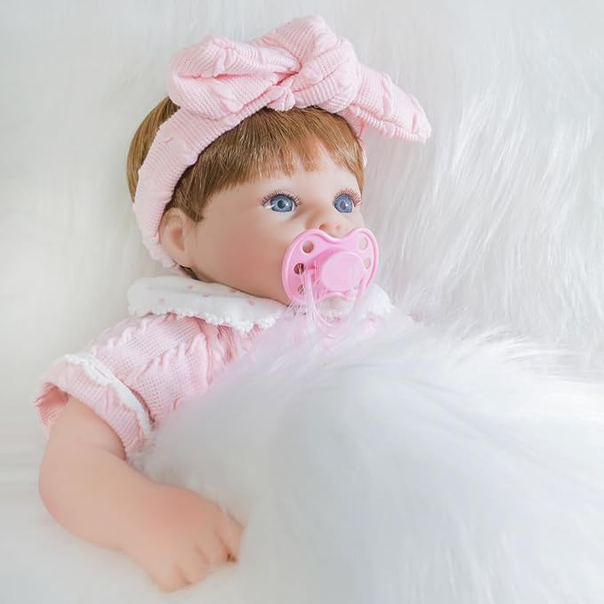 ENADOLL Lifelike Reborn Baby Doll, Newborn Baby Dolls Realistic 16 Inch Girl with Pink Headband Silicone Vinyl Weighted Soft Body Gift Set for Kids Age 3+