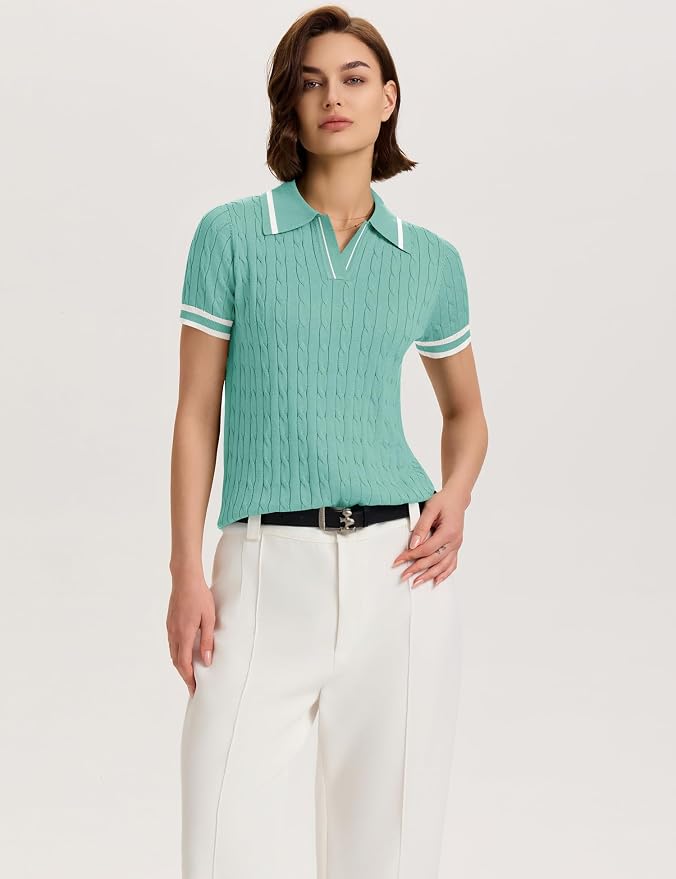 Micoson Womens Short Sleeve Sweater Tops Lapel V Neck Polo Shirts 2026 | Summer Cable Knit Loose Blouses, Business Casual Outfits