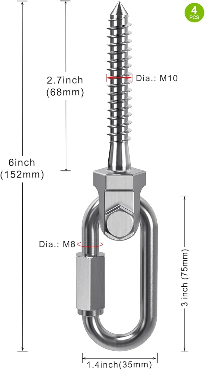 SELEWARE Heavy Duty 304 Stainless Steel Swing Hangers Set of 4, 180° Rotation Porch Swing Hardware for Playground, Yoga Hammock, Punching Bag & Outdoor Swing Sets